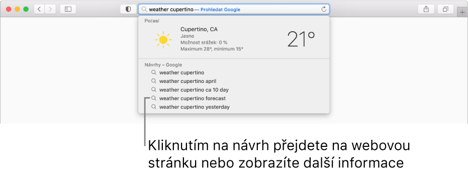 Dynamické vyhledávací pole s hledaným souslovím „weather cupertino“ pro počasí ve městě Cupertino a s výslednými návrhy Safari