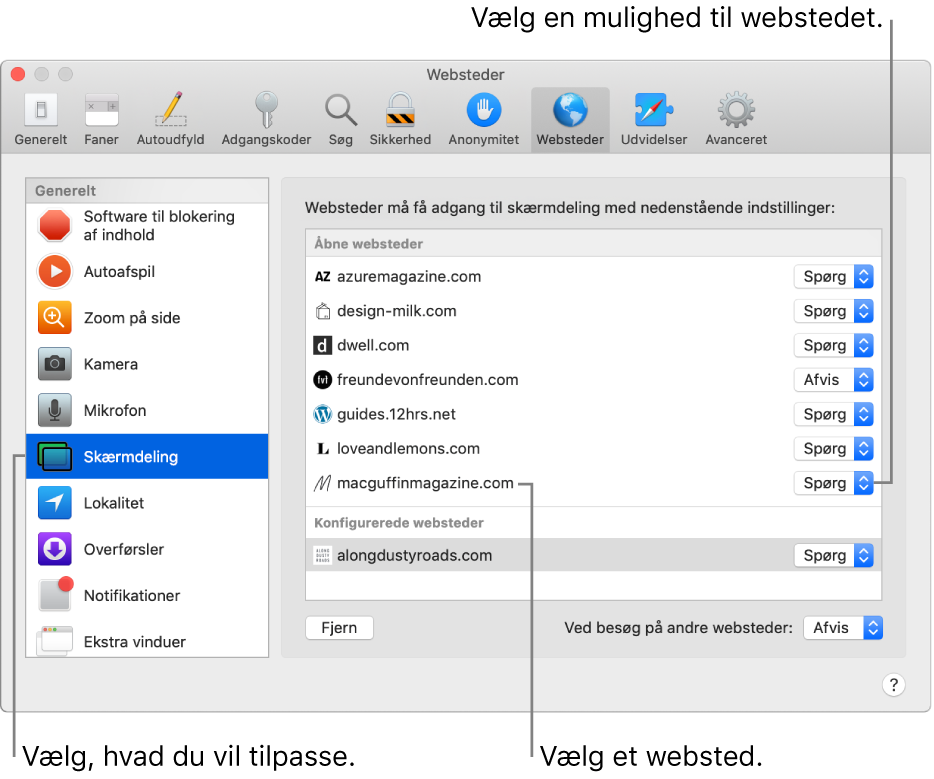 Vinduet Websteder i Safaris indstillinger, hvor du kan tilpasse, hvordan du gennemser individuelle websteder.