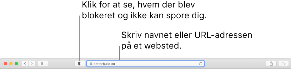 Værktøjslinjen i Safari, der viser knappen Anonymitetsrapport og et websted i det smarte søgefelt.