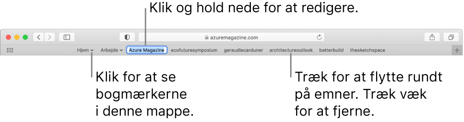 Favoritlinjen med en bogmærkemappe. Du redigerer et bogmærke eller en mappe på linjen ved at klikke og holde på emnet. Du ændrer rækkefølge på emnerne på linjen ved at trække dem. Du fjerner et emne ved at trække det væk fra linjen.