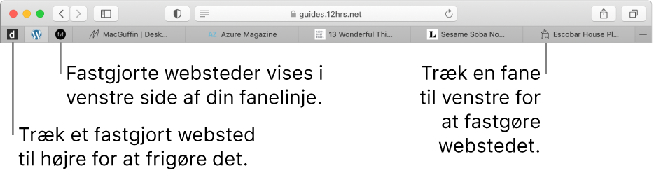 Fastgjorte websteder på fanelinjen i Safari.