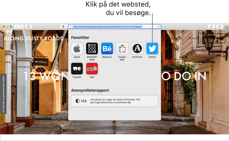 Det smarte søgefelt i Safari og under det vises startsiden med favoritter og et resume af en anonymitetsrapport.