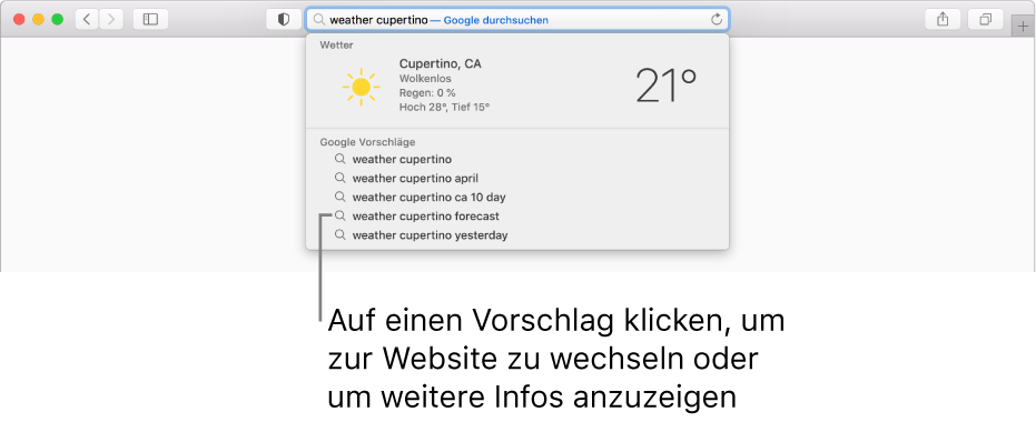 Das Ergebnis für den im intelligenten Suchfeld eingegebenen Suchbegriff „Wetter Cupertino“ in Form von Safari-Vorschlägen.