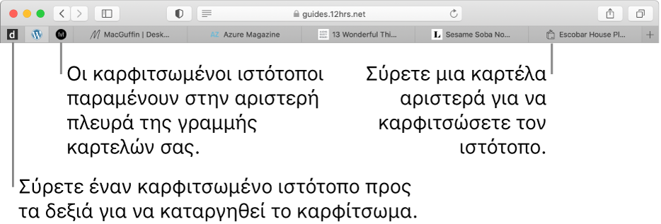 Καρφιτσωμένοι ιστότοποι στη γραμμή καρτελών του Safari.