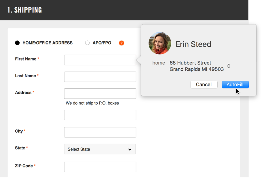 A shipping form with a contact card displayed and AutoFill available.