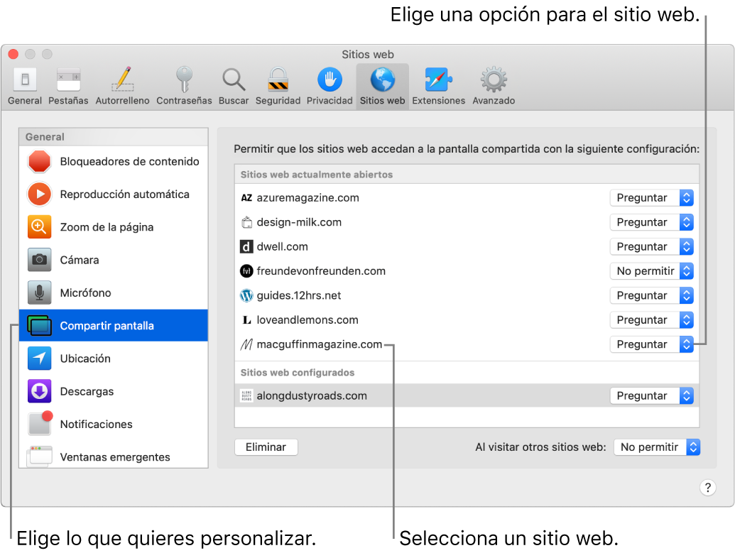 El panel “Sitios web” de “Preferencias Safari”, donde puedes personalizar cómo navegas cada sitio web en lo particular.