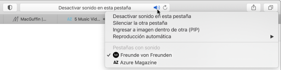 Una lista de los sitios web que están reproduciendo audio.