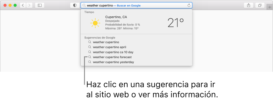 Frase de búsqueda "tiempo cupertino" introducida en el campo de búsqueda inteligente y el resultado de las sugerencias de Safari.