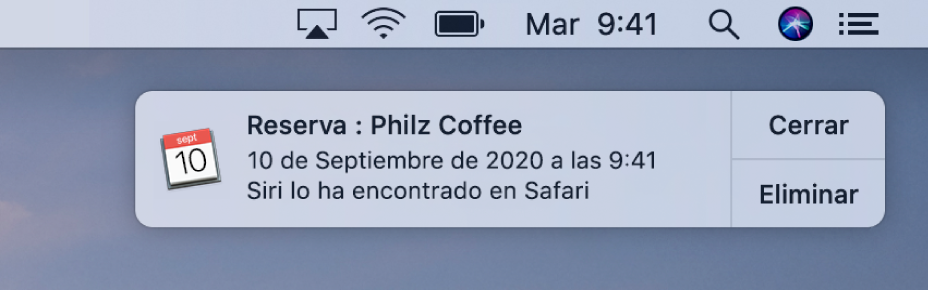 Una sugerencia de Siri para añadir un evento de Safari a Calendario.