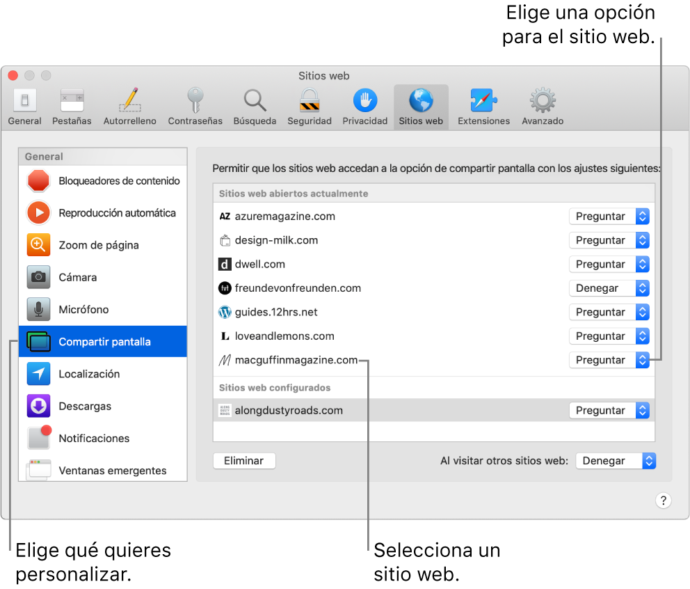 El panel “Sitios web” del panel Preferencias de Safari, donde puedes personalizar la navegación por sitios web concretos.