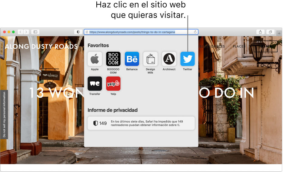 El campo de búsqueda inteligente de Safari; debajo está la página de inicio, que muestra los favoritos y un resumen del informe de privacidad.