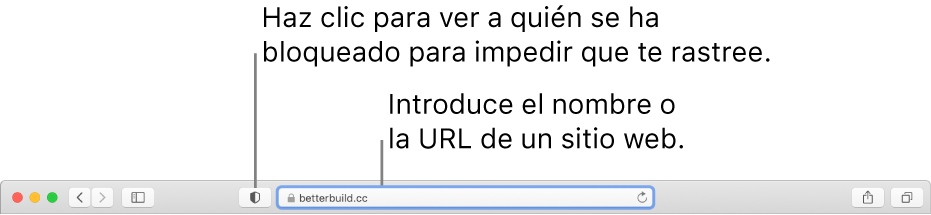 Barra de herramientas de Safari con el botón “Informe de privacidad” y un sitio web en el campo de búsqueda inteligente.