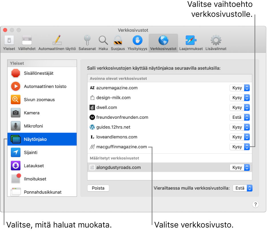 Safari-asetusten Verkkosivustot-osio, jossa voit muokata yksittäisten verkkosivustojen selaamistapaa.