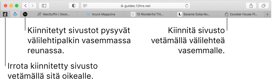 Nastoitetut sivustot Safari-välilehtipalkissa.