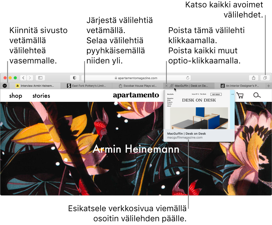 Safari-ikkuna, jossa on avattuna useita välilehtiä ja osoitin on välilehden päällä siten, että verkkosivun esikatselu näkyy.