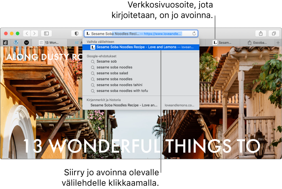 Safari-ikkuna, jonka älykkääseen hakukenttään on syötetty verkkosivuston osoitteen ensimmäinen osa. Sama verkkosivusto tulee näkyviin Vaihda välilehteen -kohdan alla olevassa hakutulosluettelossa, koska se on jo avoinna toisessa välilehdessä.