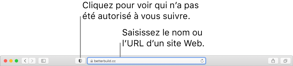 La barre d’outils de Safari qui affiche le bouton Rapport de confidentialité et un site Web dans le champ de recherche intelligente.