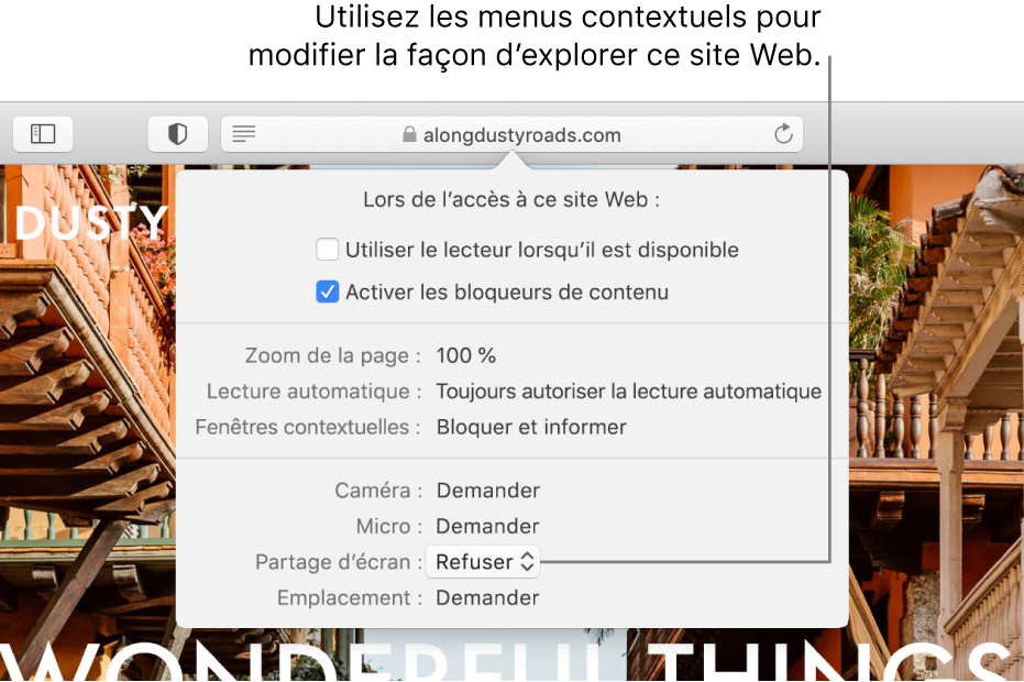 Zone de dialogue s’affichant sous le champ de recherche intelligente lorsque vous choisissez Safari > Réglages pour ce site Web. La zone de dialogue contient des options permettant de personnaliser la façon dont vous parcourez le site Web actuel. Vous pouvez notamment utiliser la présentation Lecteur, activer les bloqueurs de contenu, et plus encore.