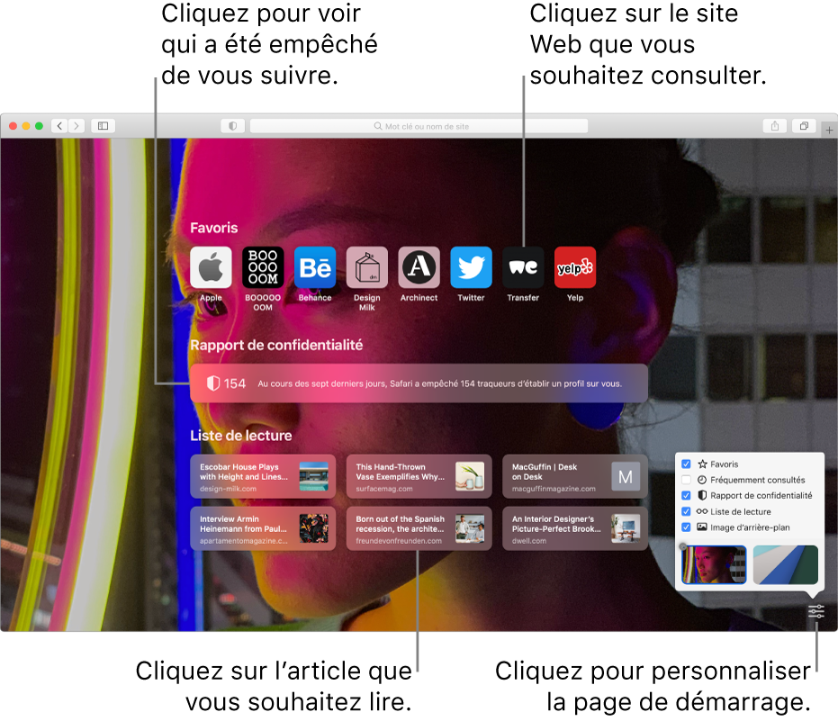 La page de démarrage de Safari affiche les sites Web favoris, un résumé du rapport de confidentialité, des articles de la liste de lecture et des options.