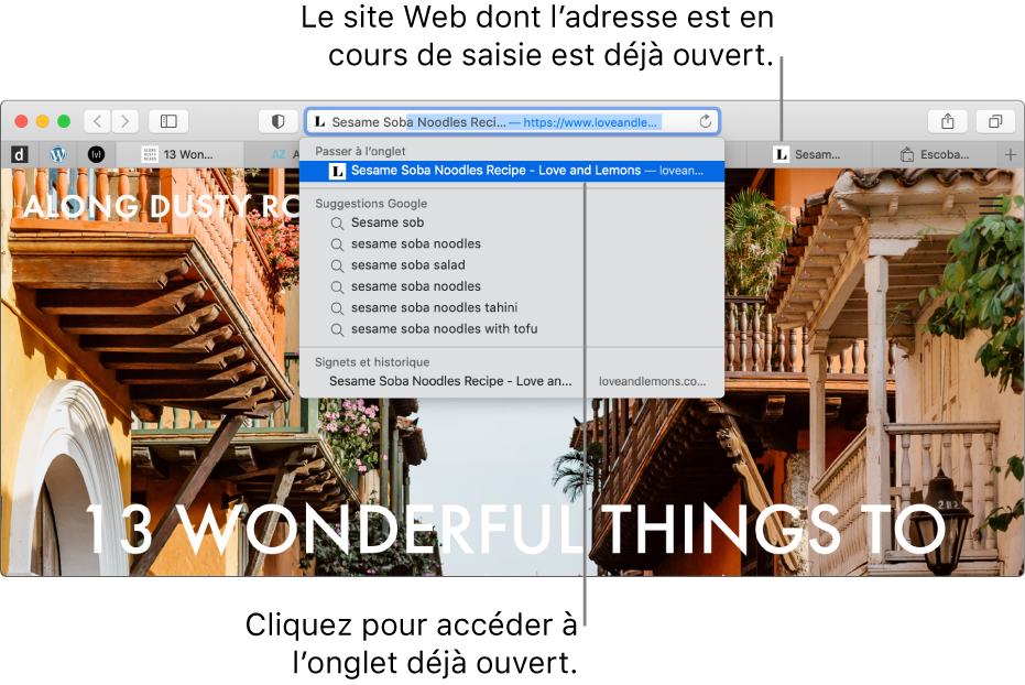 Une fenêtre Safari dont le champ de recherche intelligente contient le début de l’adresse d’un site Web. Le même site Web s’affiche dans la liste de résultats sous « Passer à l’onglet », car il est déjà ouvert dans un autre onglet.