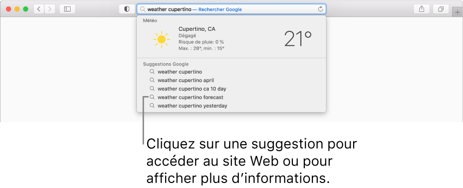 L’expression de recherche « météo à Cupertino » saisie dans le champ de recherche intelligente, accompagnée des résultats des suggestions Safari.