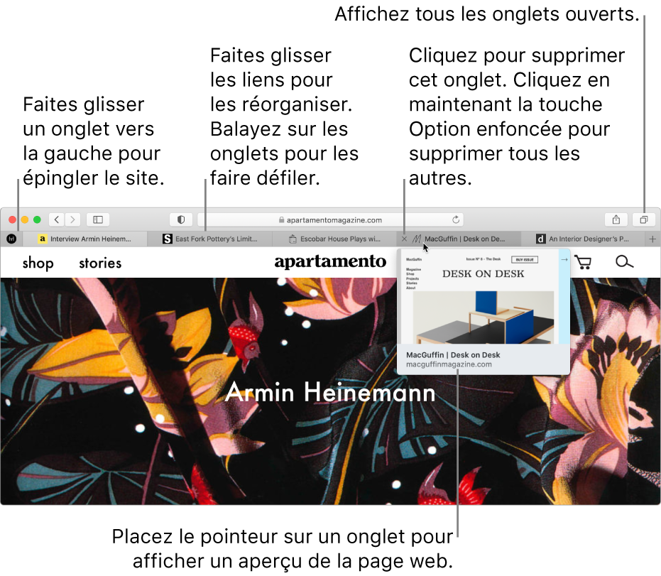 La fenêtre Safari comprenant plusieurs onglets ouverts, avec le pointeur placé sur un onglet présentant un aperçu de la page web.