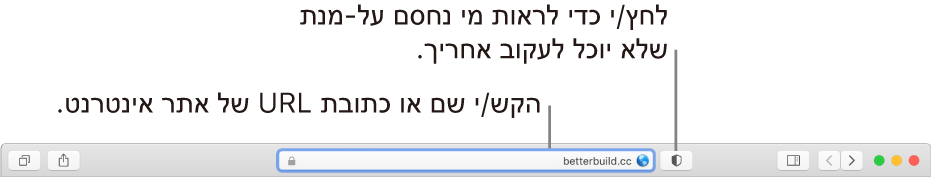 סרגל הכלים של Safari מציג את הכפתור ״דוח פרטיות״ ואתר אינטרנט בשדה ״חיפוש חכם״.