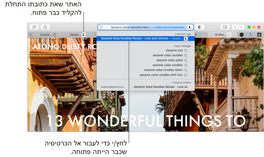 חלון Safari עם החלק הראשון של כתובת אינטרנט מוקלד בשדה ״חיפוש חכם״. אותו אתר אינטרנט מופיע ברשימת התוצאות תחת ״עבור לכרטיסיה״, מאחר שהוא כבר פתוח בכרטיסיה אחרת.