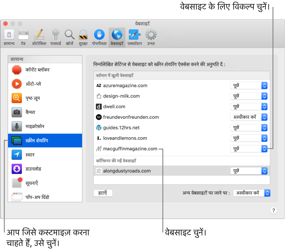 Safari प्राथमिकताएँ का वेबसाइट पेन जिसमें आप अनुकूलित कर सकते हैं कि आप पृथक वेबसाइटों को कैसे ब्राउज़ करेंगे।