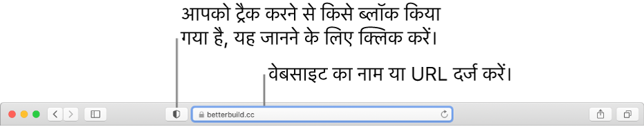 Safari टूलबार गोपनीयता की रिपोर्ट करें बटन और स्मार्ट खोज फ़ील्ड में वेबसाइट दिखाता है।