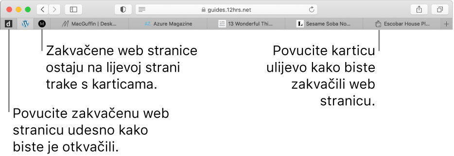 Pričvršćene stranice u traci s karticama preglednika Safari.