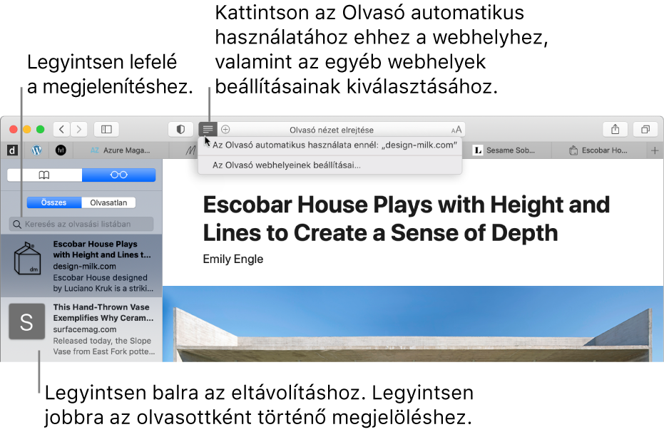 Safari-ablak a megjelenített Olvasási listával.