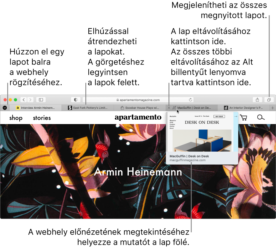A Safari ablaka több megnyitott lappal, és a webhely előnézetét mutató lap fölött tartott mutatóval.