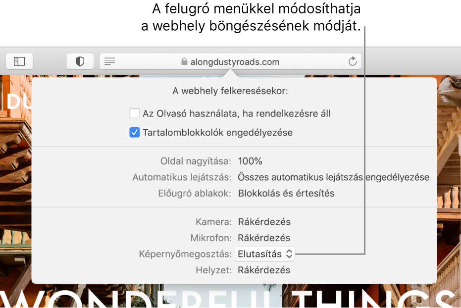 Az a párbeszédablak, amely az intelligens keresési mező alatt jelenik meg, ha a Safari > Webhely beállításai menüpontra kattint. A párbeszédablakban testreszabhatja az aktuális webhelyen végzett böngészés módját, például az Olvasó nézetet, a tartalomblokkolók engedélyezését stb.