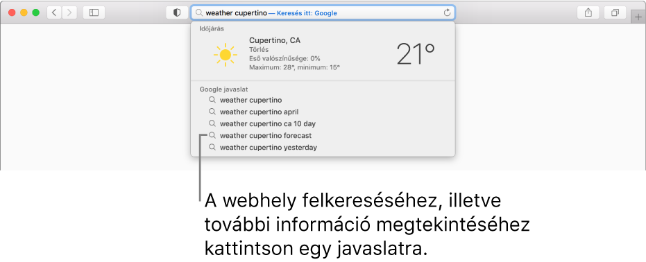 A „weather cupertino” kifejezés az intelligens keresési mezőben, és a Safari-javaslatok eredményei.