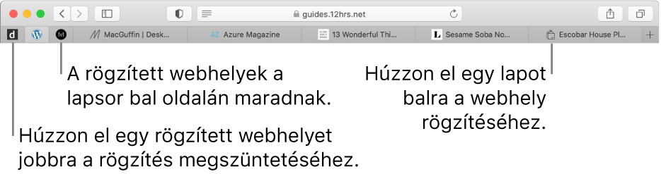Rögzített webhelyek a Safari lapsorában.
