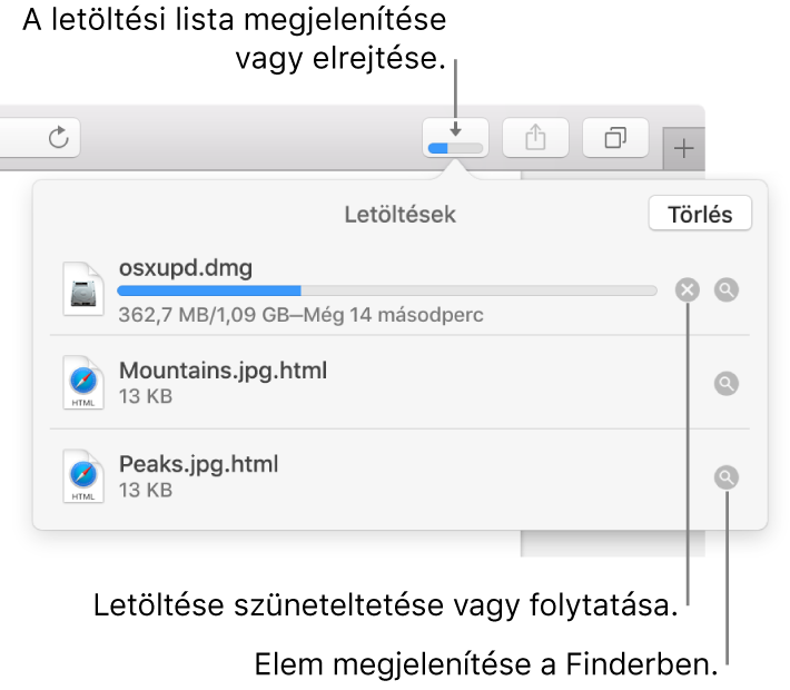 A Letöltések gomb az eszközsoron, alatta a letöltések listája.