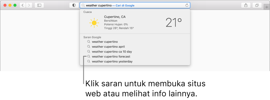 Frasa pencarian “cuaca cupertino” dimasukkan di bidang Pencarian Cerdas, dan hasil Saran Safari.