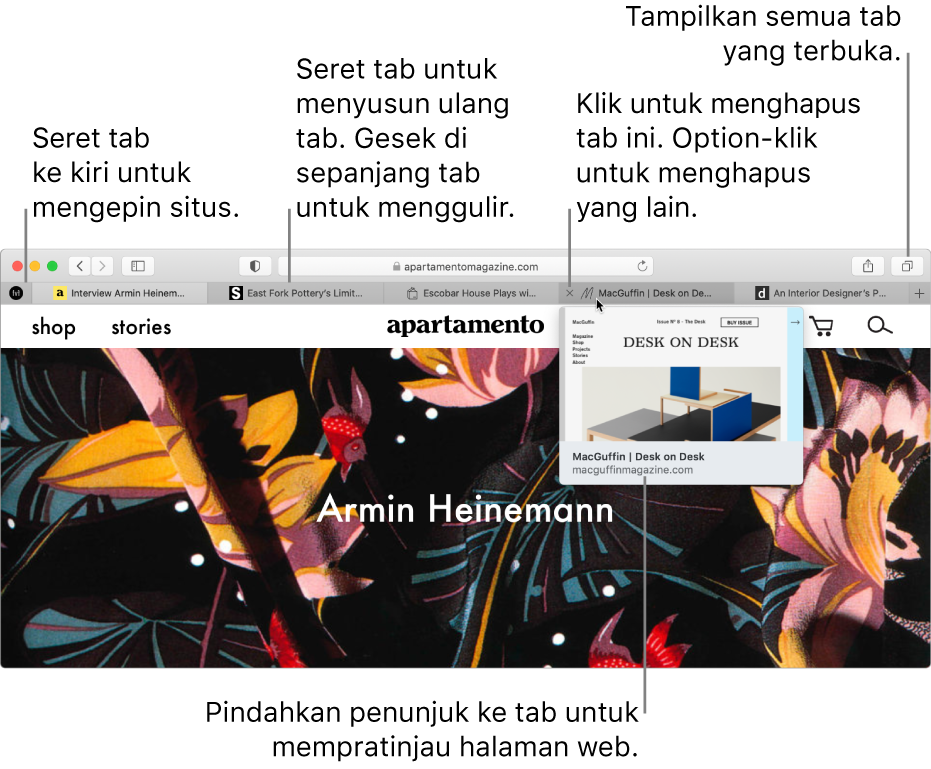 Jendela Safari dengan beberapa tab terbuka, dengan penunjuk di tab yang menampilkan pratinjau halaman web.
