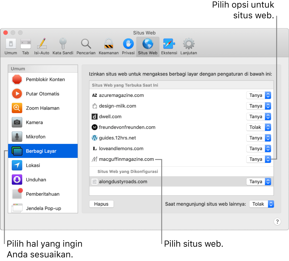 Panel Situs Web pada preferensi Safari, tempat Anda dapat menyesuaikan cara Anda menelusuri situs web terpisah.