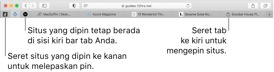 Situs yang dipin di bar tab Safari.