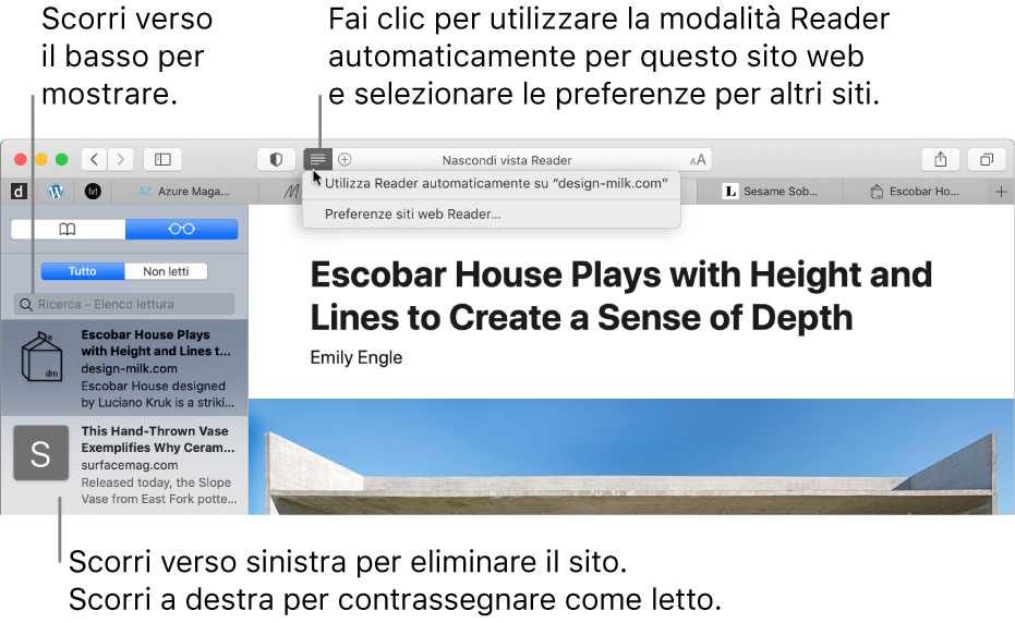 Una finestra di Safari con “Elenco lettura”.