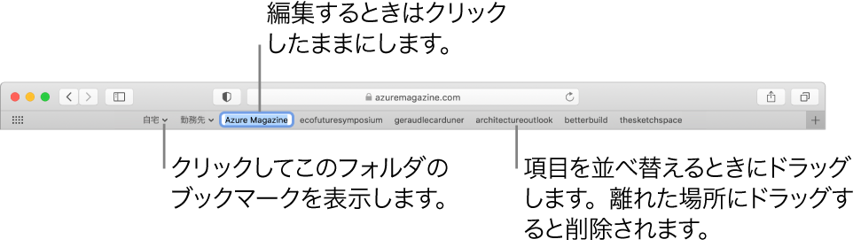 ブックマークフォルダを含むお気に入りバー。バーのブックマークまたはフォルダを編集するには、それをクリックしたままにします。バーの項目を並べ替えるには、ドラッグします。項目を削除するには、バーの外にドラッグします。