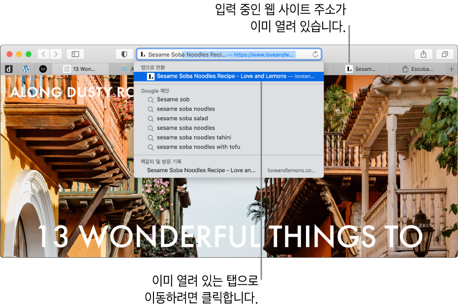 스마트 검색 필드에 웹 사이트 주소의 앞부분이 입력된 Safari 윈도우. 해당 웹 사이트가 이미 다른 탭에 열려 있기 때문에 동일한 웹 사이트가 탭으로 전환 아래에 있는 결과 목록에 표시됨.
