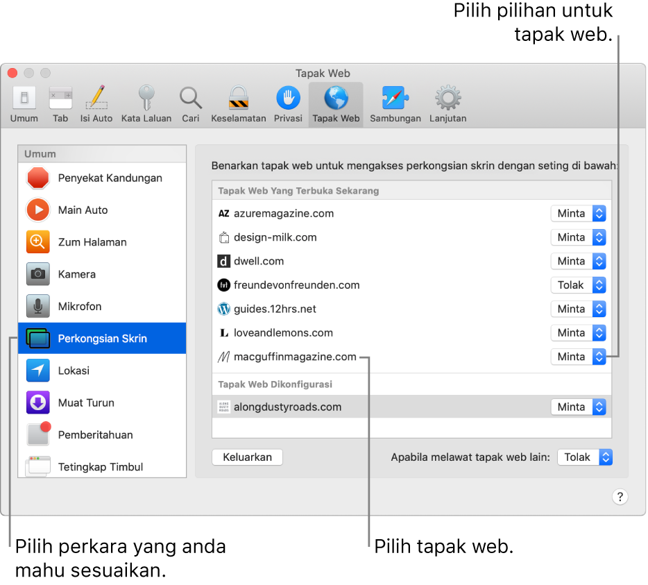 Anak tetingkap Tapak Web keutamaan Safari, di mana anda boleh sesuaikan cara anda melayari tapak web individu.