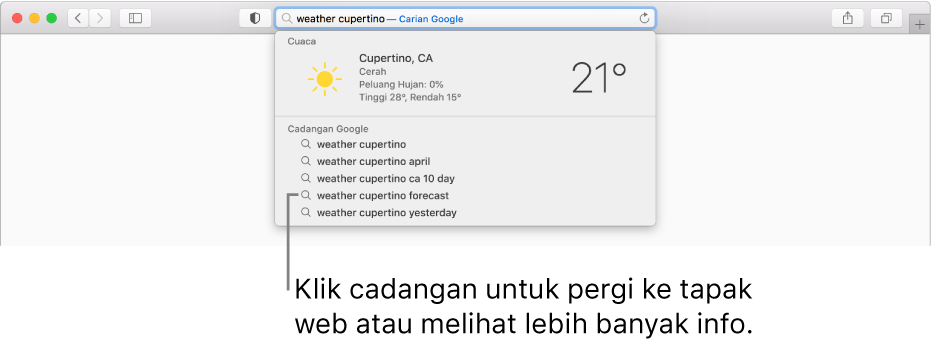 Frasa carian “weather cupertino“ dimasukkan ke medan Carian Pintar dan hasil Cadangan Safari.