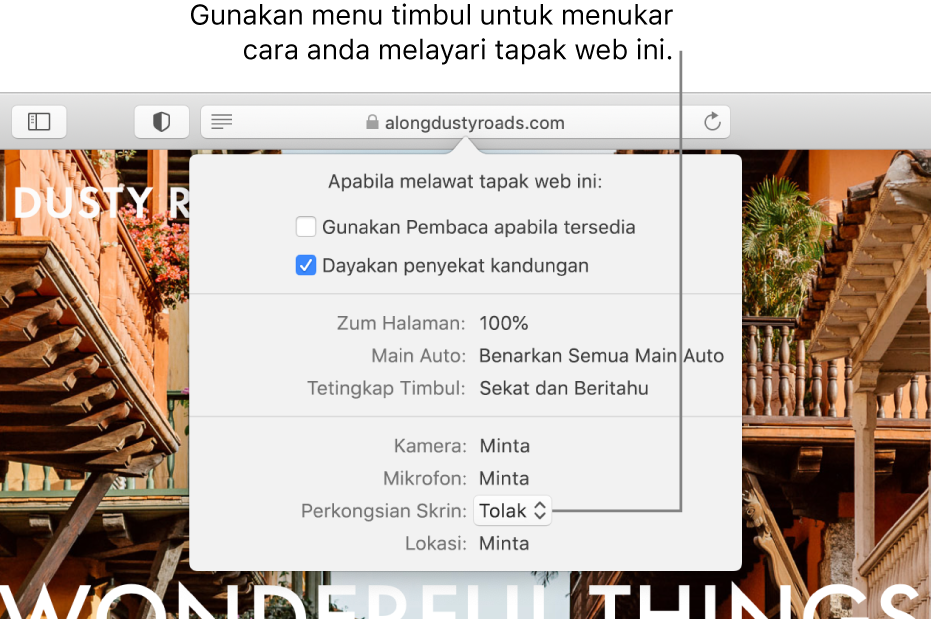 Dialog yang muncul di bawah medan Carian Pintar apabila anda memilih Safari > Seting untuk Tapak Web Ini. Dialog mengandungi pilihan untuk menyesuaikan cara anda melayari tapak web semasa, termasuk menggunakan paparan Pembaca, mendayakan penyekat kandungan dan banyak lagi.