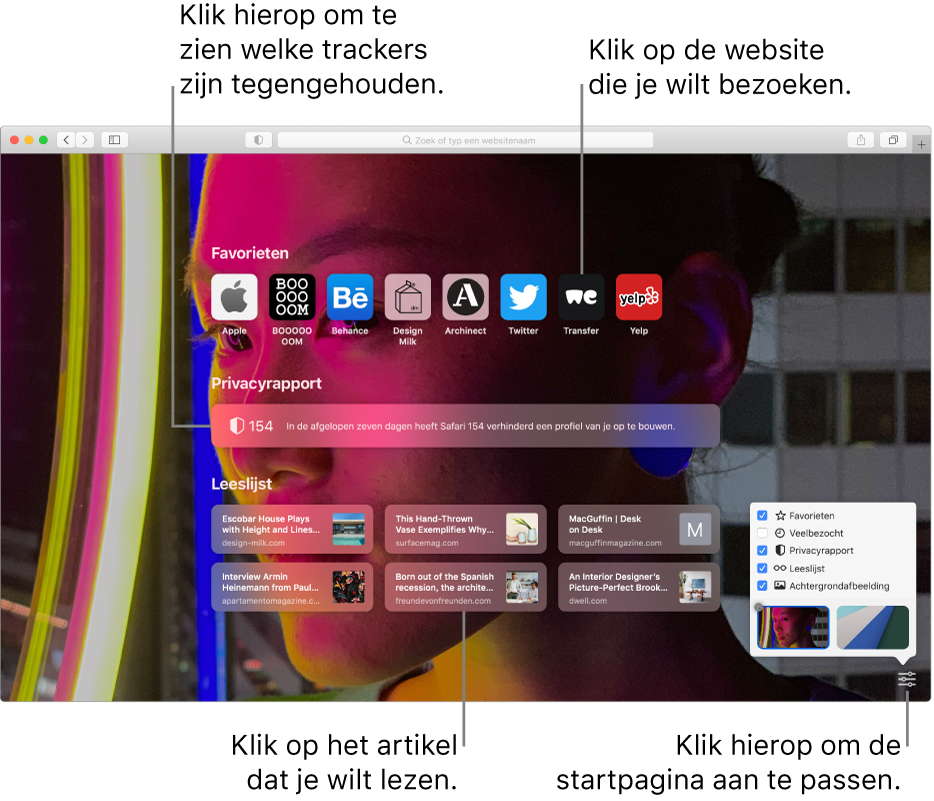 De startpagina van Safari met favoriete websites, een samenvatting van het privacyrapport, artikelen in de leeslijst en opties voor de startpagina.