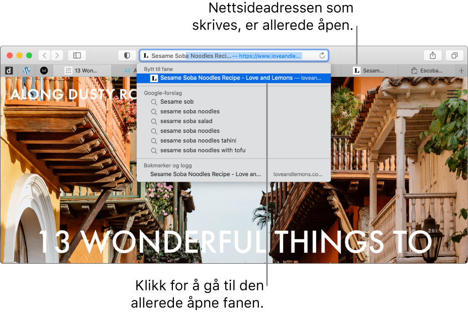 Et Safari-vindu med den første delen av nettstedsadressen skrevet inn i det smarte søkefeltet. Det samme nettstedet vises i resultatlisten under Bytt til fane fordi den allerede er åpen i en annen fane.