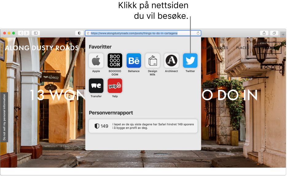 Under det smarte søkefeltet i Safari vises startsiden som viser Favoritter og en Personvernrapport-oppsummering.